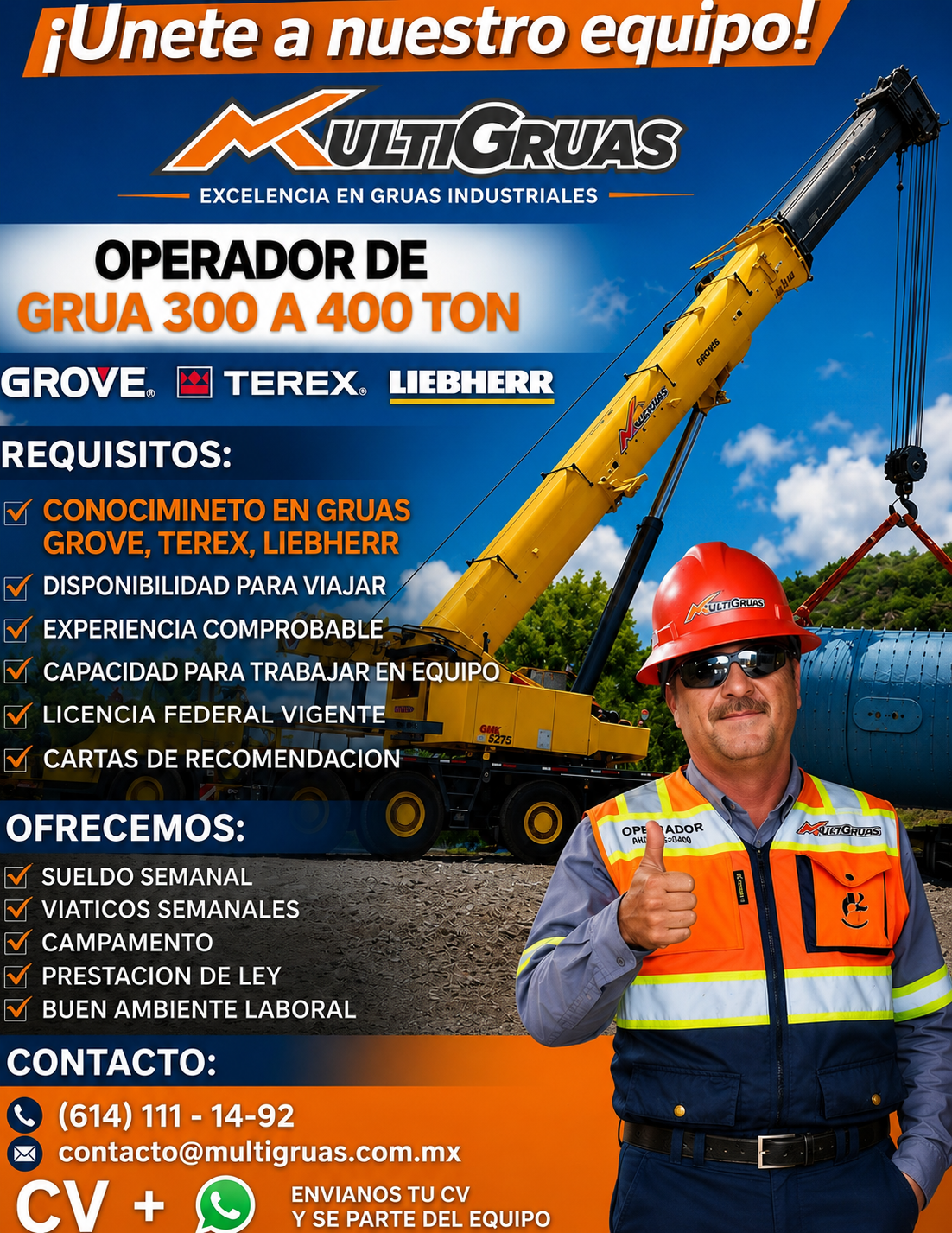Estamos contratando Operadores de Grúas de 300 a 400 toneladas