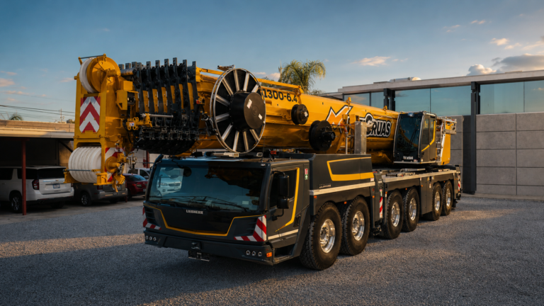 Grúa Liebherr al atardecer cinematográfico